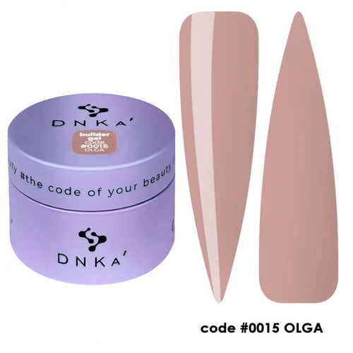 DNKa' BUILDER GEL NEW FORMULA #0015 OLGA en tarro con dos uñas modeladas para manicura profesional uñas.
