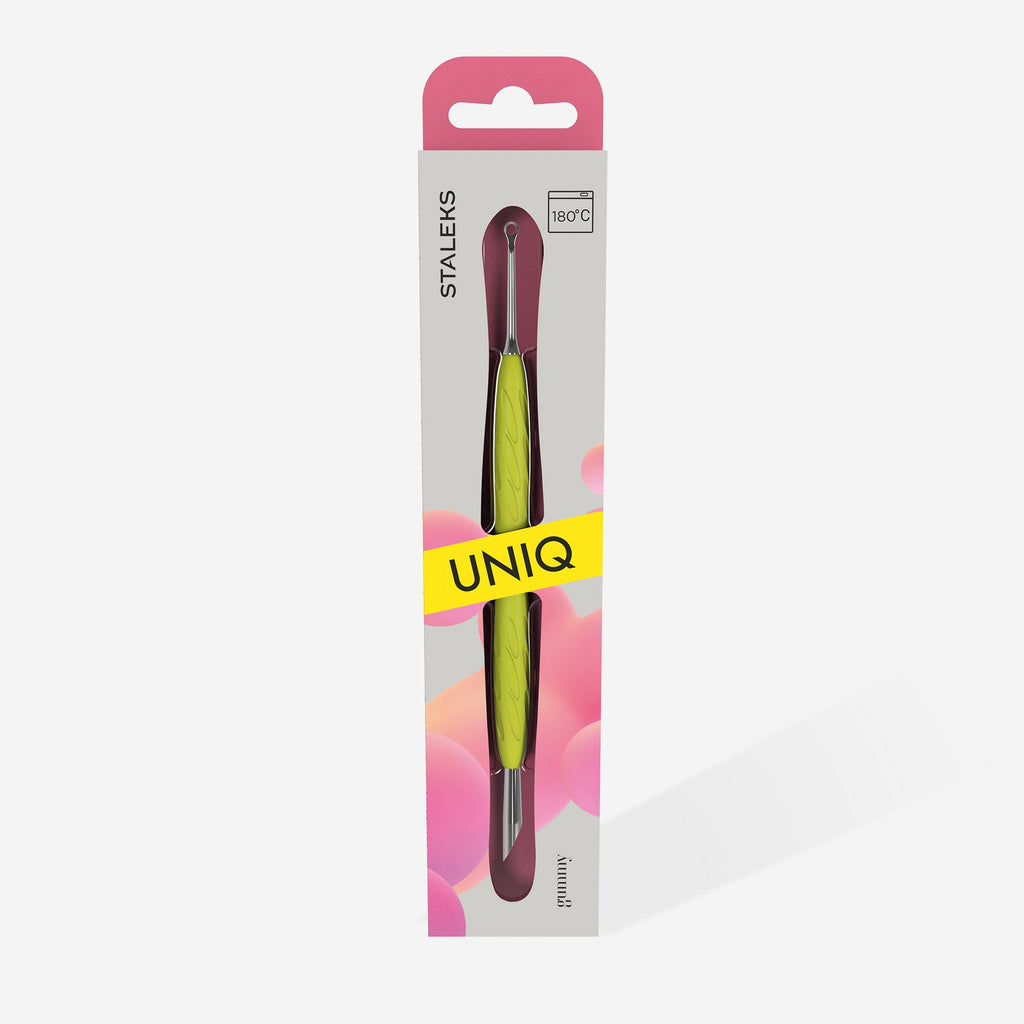 STALEKS PRO EMPUJADOR DE MANICURA UNIQ 11 "GUMMY" MANGO DE SILICONA 11/2 PALITO DE NARANJO Y ANILLO