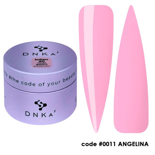 DNKa' BUILDER GEL NEW FORMULA #0011 ANGELINA y diseño de uñas en color rosa.