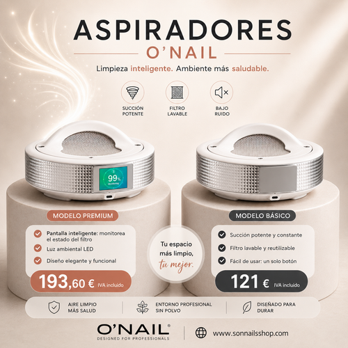 Aspirador inteligente para uñas O'NAIL, modelo Premium y Básico, con tecnología de filtrado y diseño funcional.