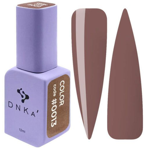DNKa' COLOR GEL POLISH #0013 12ML con dos muestras de color marrón para manicura profesional uñas.