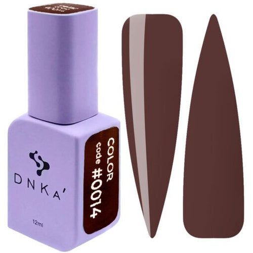 DNKa' COLOR GEL POLISH #0014 12ML botellita de esmalte y dos muestras de color en tono marrón para manicura profesional uñas.