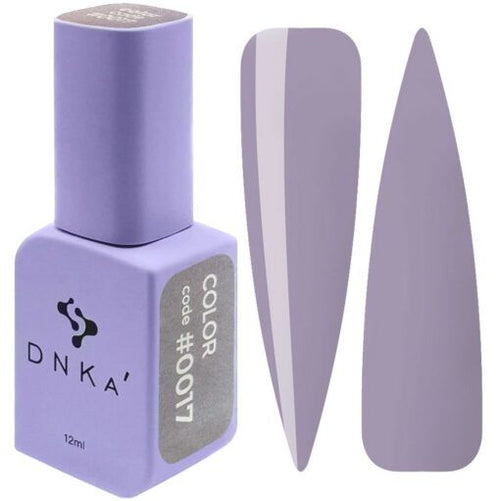 DNKa' COLOR GEL POLISH #0017 12ML con color púrpura en frasco junto a muestras de manicura profesional uñas.